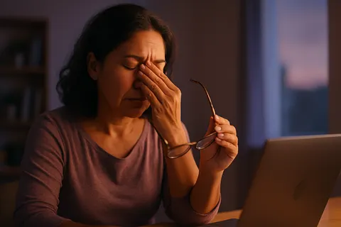Mujer con vista cansada tras horas de computadora, motivo de uso de Visiónix en Costa Rica
