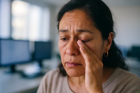 Mujer frotándose un ojo seco e irritado en una oficina con aire acondicionado