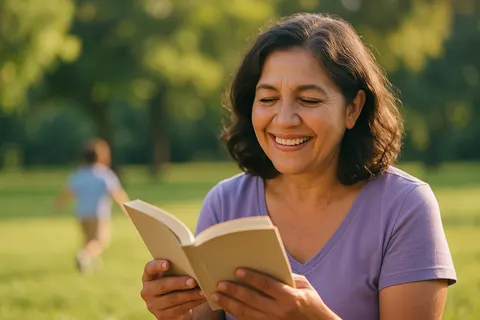 Mujer leyendo cómodamente al aire libre tras la pauta de Visiónix