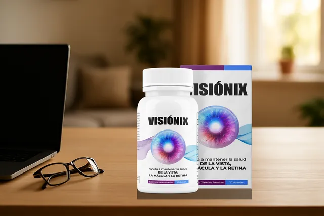 Visiónix cápsulas sobre el escritorio junto a la computadora y los lentes de lectura